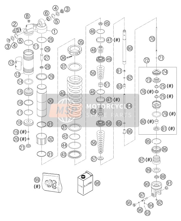 KTM 525 SMR Europe 2004 Amortiguador desmontado para un 2004 KTM 525 SMR Europe