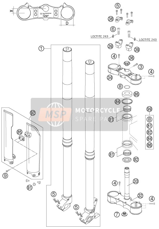 KTM 525 XC USA 2007 VORDERRADGABEL, GABELBRÜCKE für ein 2007 KTM 525 XC USA