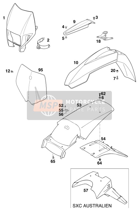 KTM 540 SXC 20kW Europe 1999 Mask, Fenders for a 1999 KTM 540 SXC 20kW Europe