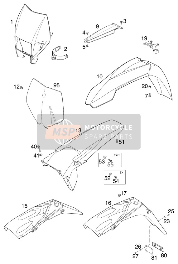 KTM 540 SXS RACING Europe 2001 Mask, Fenders for a 2001 KTM 540 SXS RACING Europe