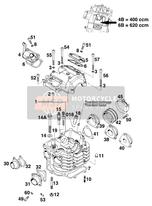 KTM 620 EGS 37KW 20lt BLAU Europe 1997 Cylinder Head for a 1997 KTM 620 EGS 37KW 20lt BLAU Europe