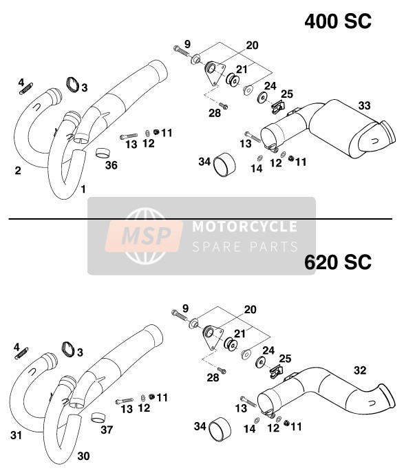 KTM 620 SUP-COMP 20kW Europe 1999 Exhaust System for a 1999 KTM 620 SUP-COMP 20kW Europe