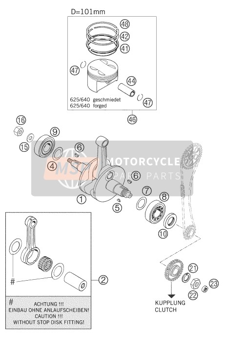 KTM 625 SMC AU, GB 2005 Kurbelwelle-Kolben für ein 2005 KTM 625 SMC AU, GB