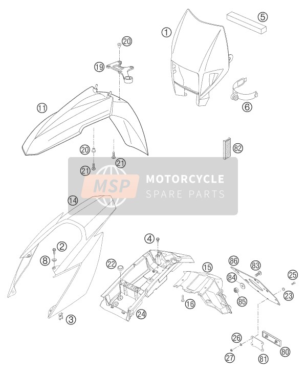 KTM 625 SMC Europe 2005 Maschera, Parafanghi per un 2005 KTM 625 SMC Europe