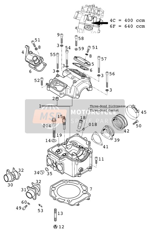 KTM 640 ADVENTURE-R USA 2000 Cilinderkop voor een 2000 KTM 640 ADVENTURE-R USA