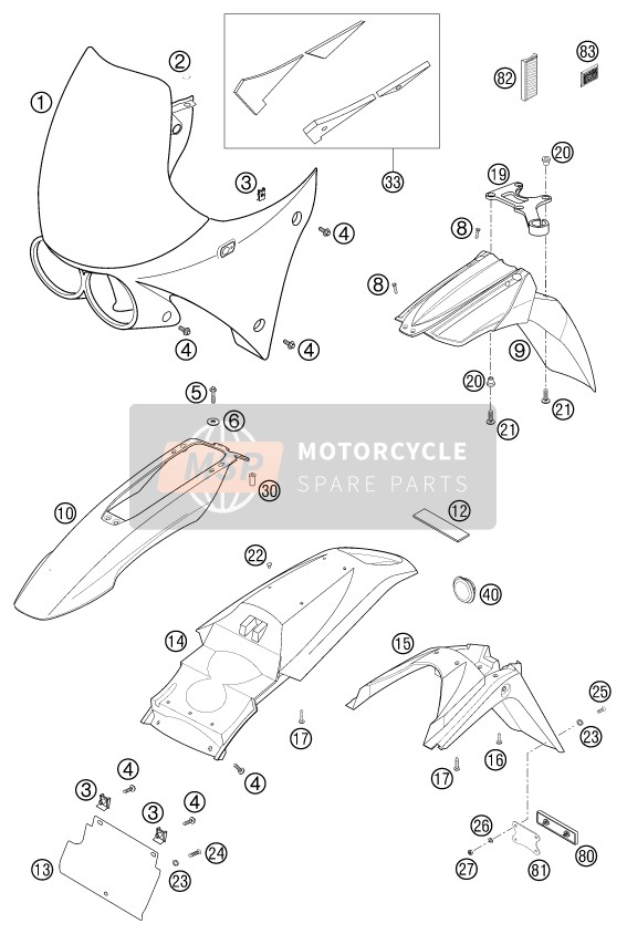 KTM 640 ADVENTURE-R USA 2002 Mask, Fenders for a 2002 KTM 640 ADVENTURE-R USA