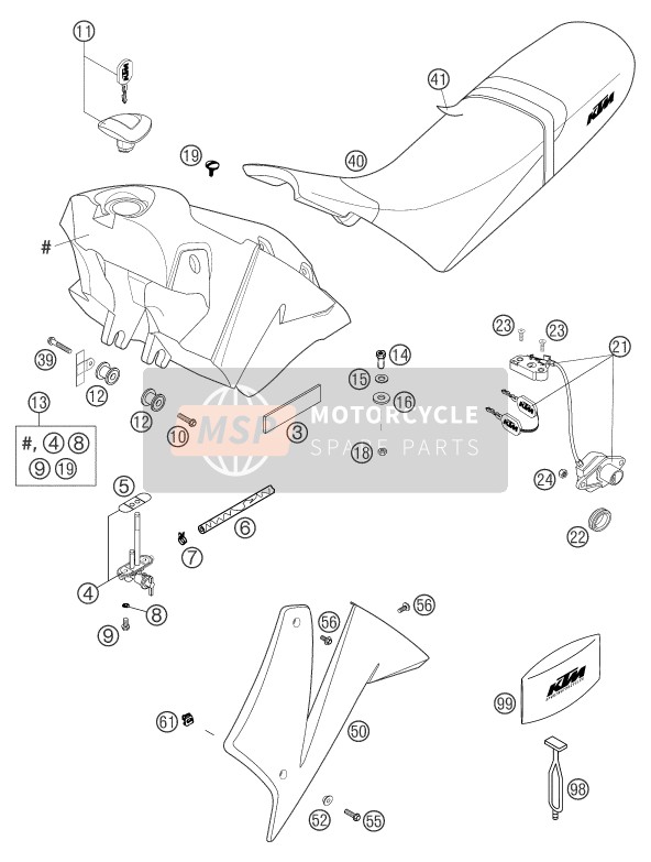 KTM 640 DUKE II ORANGE GB 2003 Tank, Seat for a 2003 KTM 640 DUKE II ORANGE GB