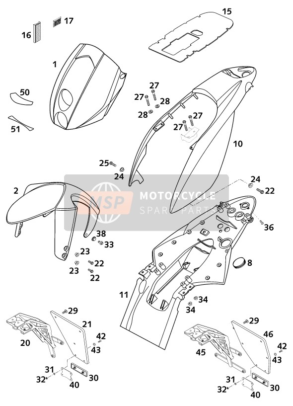 KTM 640 DUKE II TITAN USA 2001 Masker, Spatborden voor een 2001 KTM 640 DUKE II TITAN USA