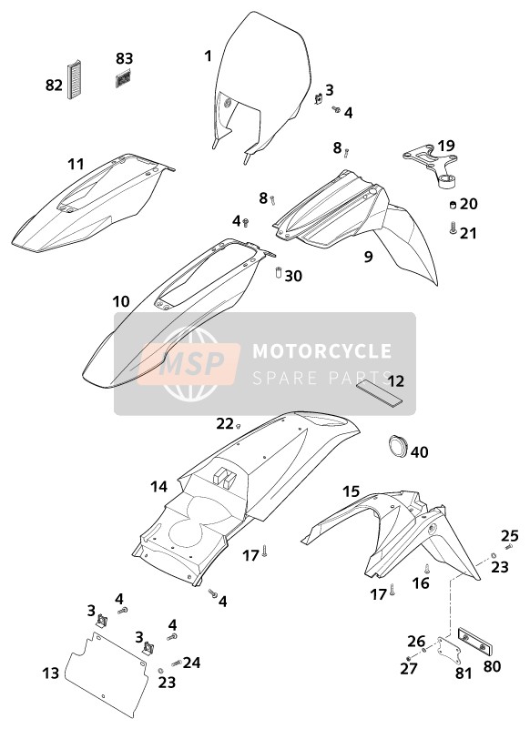 KTM 640 LC4-E Six Days USA 2001 Masker, Spatborden voor een 2001 KTM 640 LC4-E Six Days USA