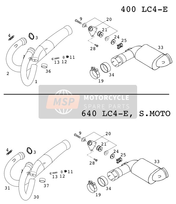 KTM 640 LC4-E Super-Moto USA 2000 Exhaust System for a 2000 KTM 640 LC4-E Super-Moto USA
