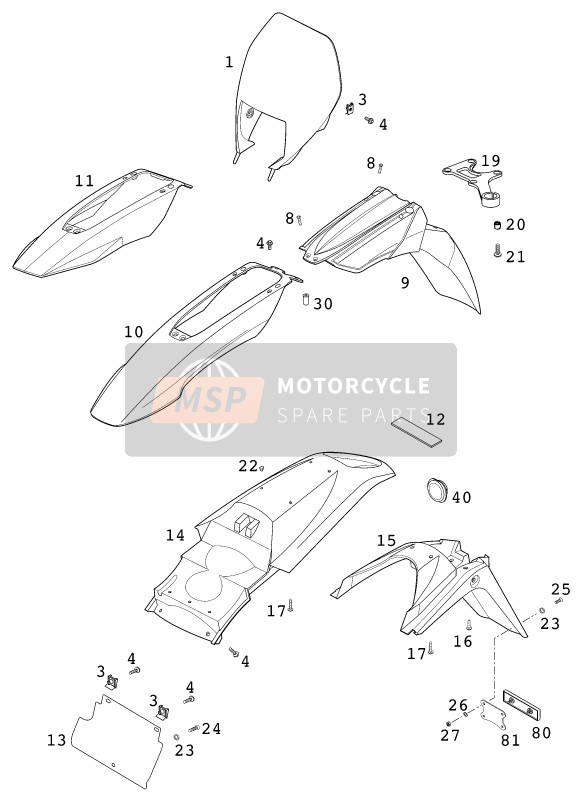 KTM 640 LC4-E Super-Moto USA 2000 Mask, Fenders for a 2000 KTM 640 LC4-E Super-Moto USA