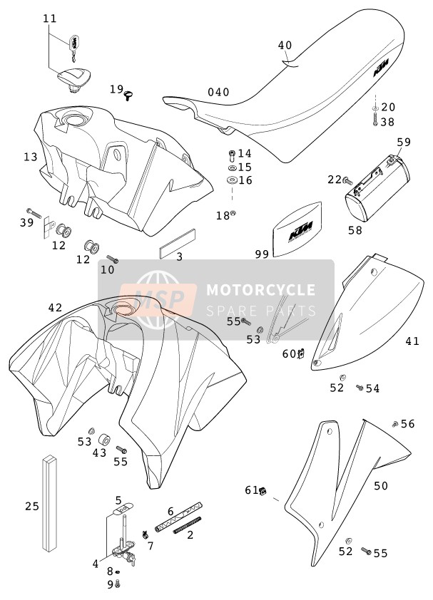 KTM 640 LC4-E Super-Moto USA 2000 Tanque, Asiento para un 2000 KTM 640 LC4-E Super-Moto USA