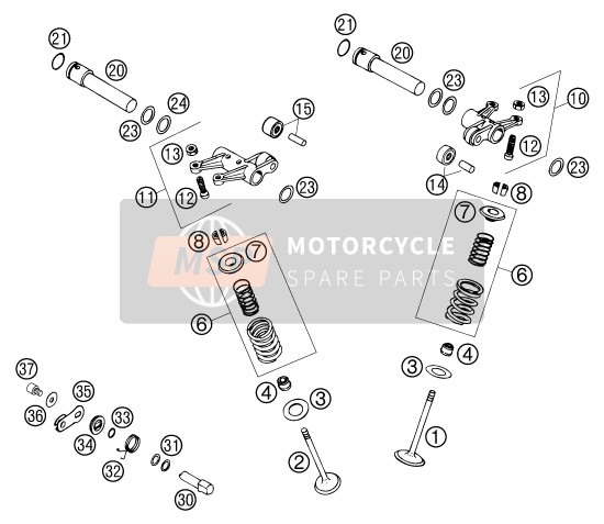 KTM 640 LC4-E Super-Moto USA 2000 Accionamiento de válvula para un 2000 KTM 640 LC4-E Super-Moto USA