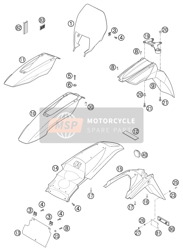 KTM 640 LC4-E Super-Moto STAHLB.02 Europe 2002 Masker, Spatborden voor een 2002 KTM 640 LC4-E Super-Moto STAHLB.02 Europe