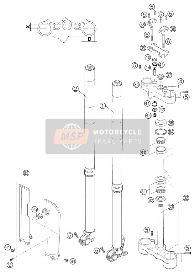 KTM 640 LC4 ENDURO ORANGE 12L Europe 2003 VORDERRADGABEL, GABELBRÜCKE für ein 2003 KTM 640 LC4 ENDURO ORANGE 12L Europe