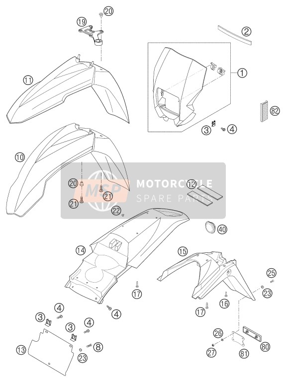 KTM 640 LC4 ENDURO ORANGE 12L AU, GB 2004 Máscara, Guardabarros para un 2004 KTM 640 LC4 ENDURO ORANGE 12L AU, GB