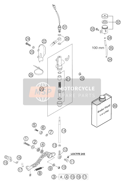 KTM 640 LC4 SUPERMOTO BLACK GB 2004 STEUERUNG BREMSE HINTEN für ein 2004 KTM 640 LC4 SUPERMOTO BLACK GB