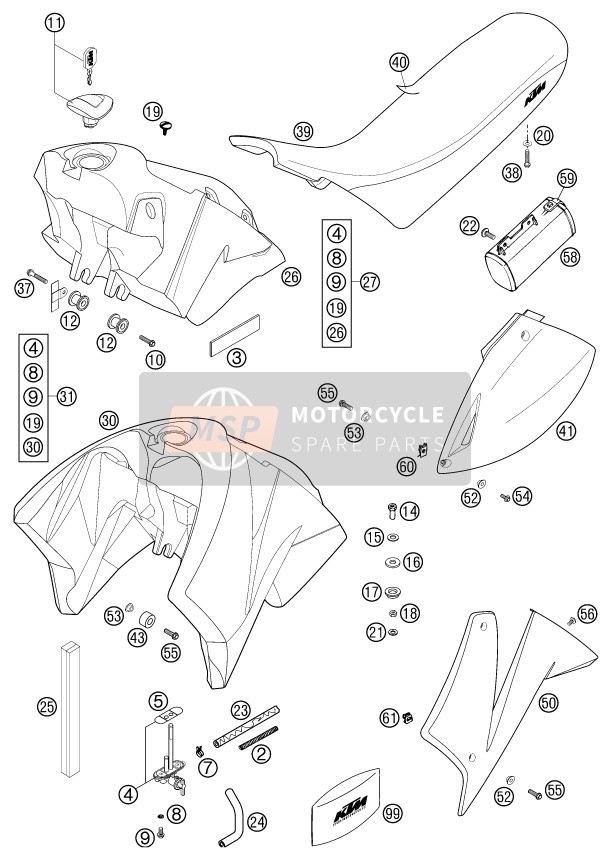 KTM 640 LC 4-E ORANGE 18L USA 2002 Tanque, Asiento para un 2002 KTM 640 LC 4-E ORANGE 18L USA