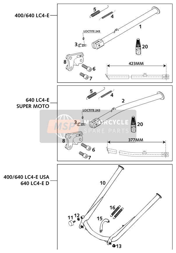 KTM 640 LC 4 SUPER MOTO USA 2001 Lato / Cavalletto centrale per un 2001 KTM 640 LC 4 SUPER MOTO USA