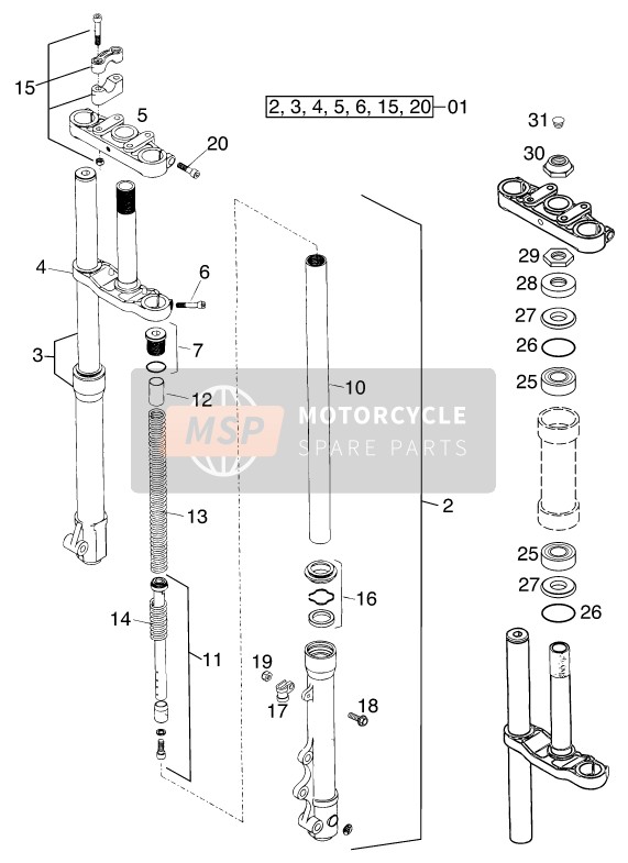 KTM 65 SX Europe 2000 Fourche avant, Pince triple pour un 2000 KTM 65 SX Europe