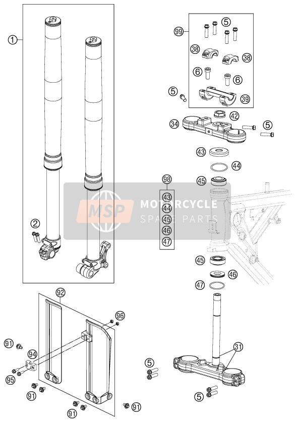 KTM 65 SX Europe 2015 Voorvork, Kroonplaat set voor een 2015 KTM 65 SX Europe