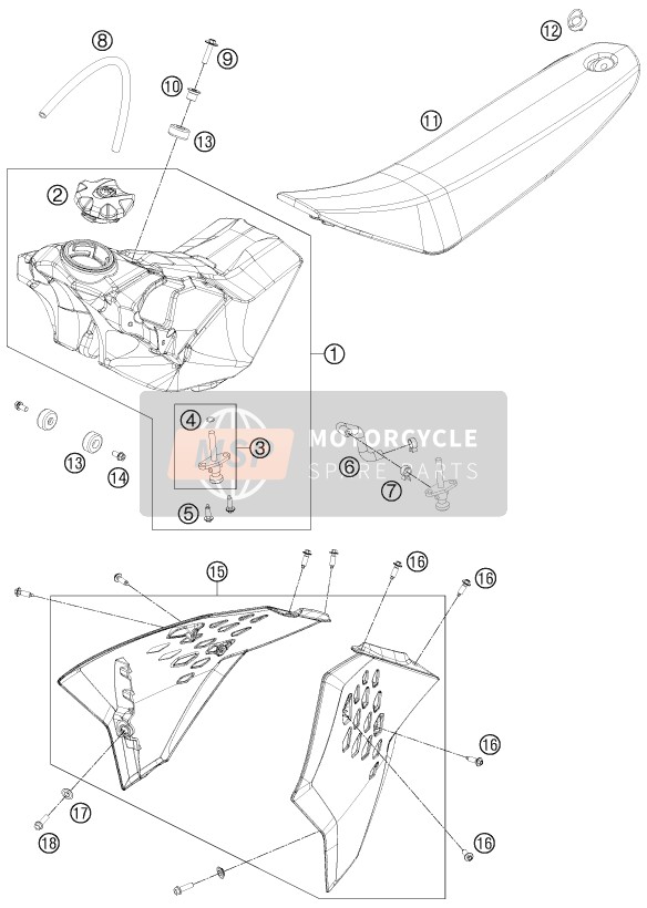 KTM 65 SX Europe 2015 Tank, Zadel voor een 2015 KTM 65 SX Europe