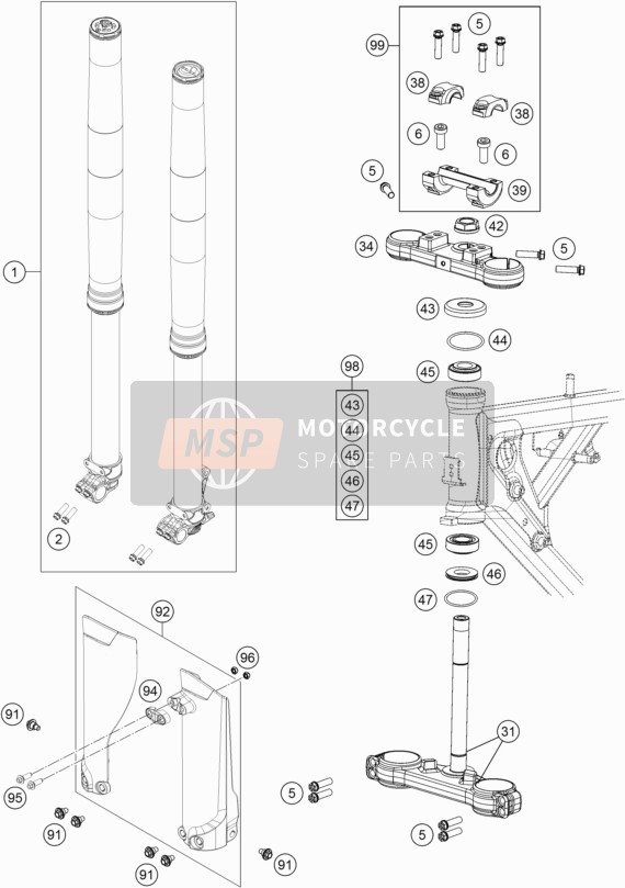 KTM 65 SX Europe 2019 Forcella anteriore, Triplo morsetto per un 2019 KTM 65 SX Europe