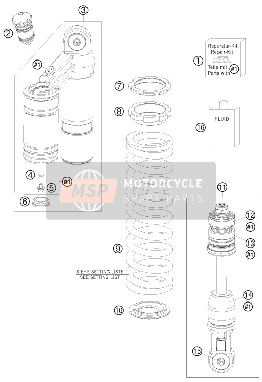 KTM 65 SXS USA 2014 Schokdemper gedemonteerd voor een 2014 KTM 65 SXS USA