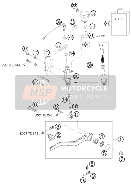 KTM 690 DUKE ORANGE AU, GB 2008 Commande de frein arrière pour un 2008 KTM 690 DUKE ORANGE AU, GB