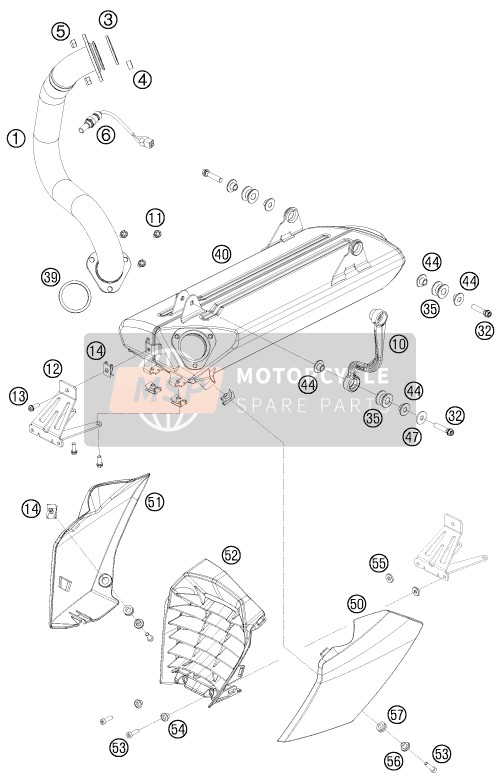 KTM 690 Duke, orange USA 2009 Uitlaatsysteem voor een 2009 KTM 690 Duke, orange USA