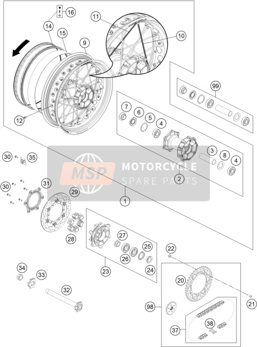 7501010114404S, Rear Wheel Cpl.5X17'' Tl Orange, KTM, 0