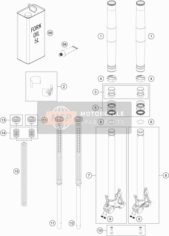 KTM 790 Adventure, white Europe 2019 Front Fork Disassembled for a 2019 KTM 790 Adventure, white Europe