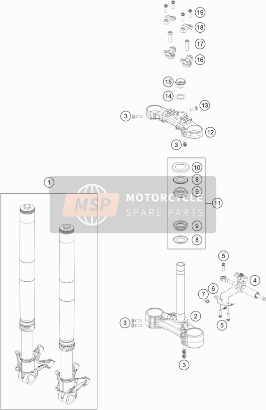 KTM 790 Duke L, orange Europe 2019 Voorvork, Kroonplaat set voor een 2019 KTM 790 Duke L, orange Europe