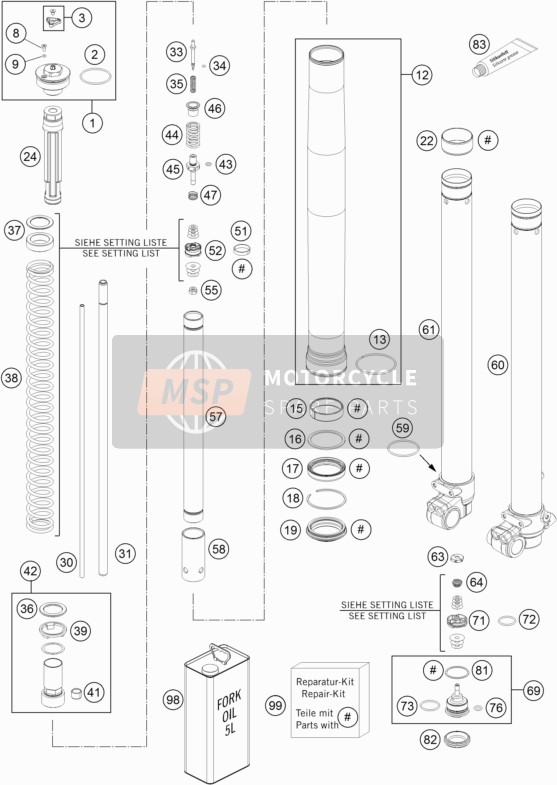 KTM 85 SX 17/14 Europe 2017 Fourche avant démontée pour un 2017 KTM 85 SX 17/14 Europe