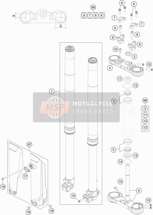 KTM 85 SX 17/14 Europe 2019 Forcella anteriore, Triplo morsetto per un 2019 KTM 85 SX 17/14 Europe