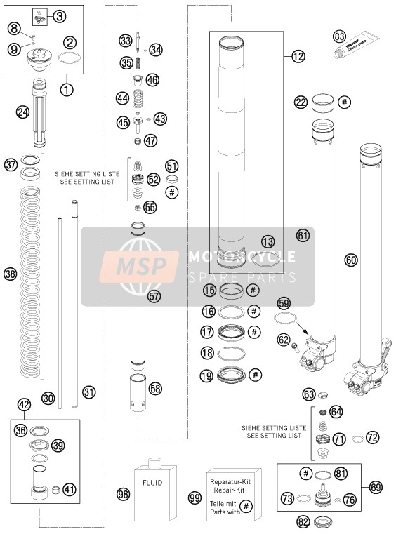 KTM 85 SX 19/16 Europe 2011 Forcella anteriore smontata per un 2011 KTM 85 SX 19/16 Europe