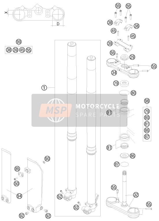 KTM 85 SX 19/16 Europe 2011 Forcella anteriore, Triplo morsetto per un 2011 KTM 85 SX 19/16 Europe