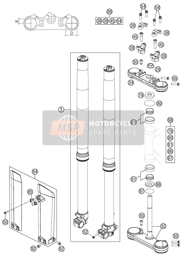 KTM 85 SX 19/16 Europe 2013 Voorvork, Kroonplaat set voor een 2013 KTM 85 SX 19/16 Europe