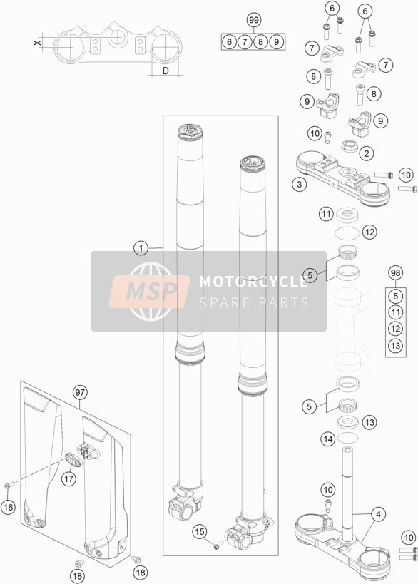 KTM 85 SX 19/16 Europe 2018 Forcella anteriore, Triplo morsetto per un 2018 KTM 85 SX 19/16 Europe