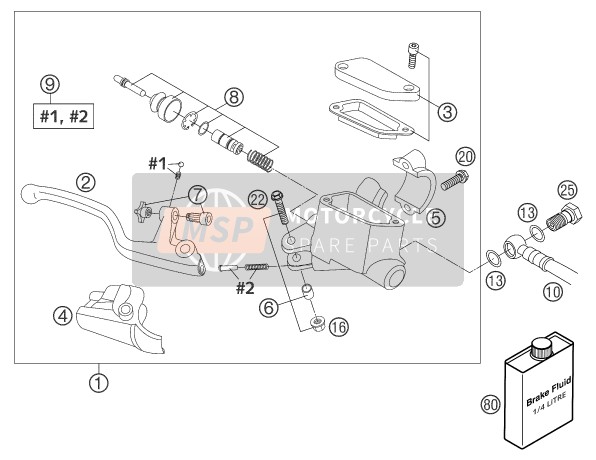 KTM 85 SX Europe 2004 Commande de frein avant pour un 2004 KTM 85 SX Europe