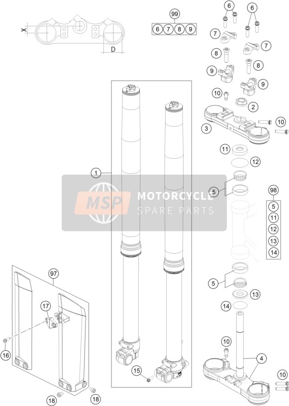 KTM 85 SXS 17/14 USA 2015 Forcella anteriore, Triplo morsetto per un 2015 KTM 85 SXS 17/14 USA