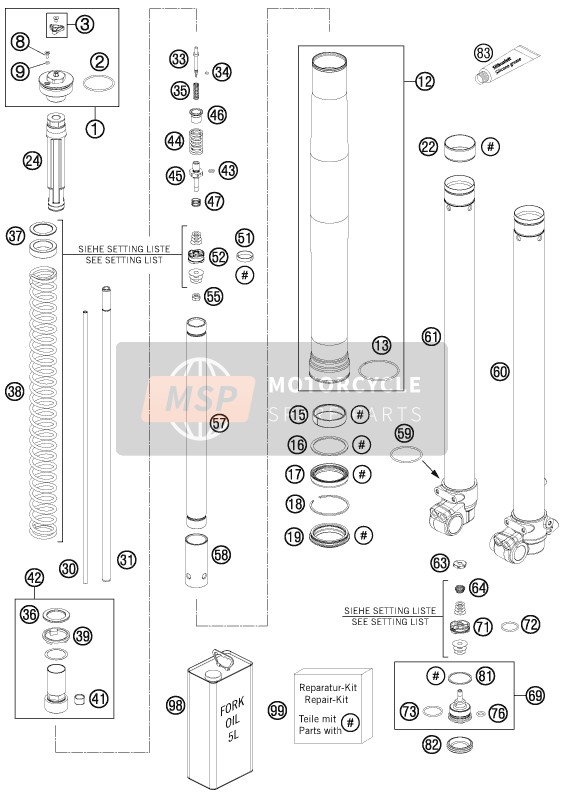 KTM 85 SXS 19/16 USA 2015 Fourche avant démontée pour un 2015 KTM 85 SXS 19/16 USA