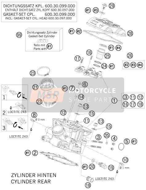 KTM 950 SUPER ENDURO R USA 2009 Testa cilindro posteriore per un 2009 KTM 950 SUPER ENDURO R USA