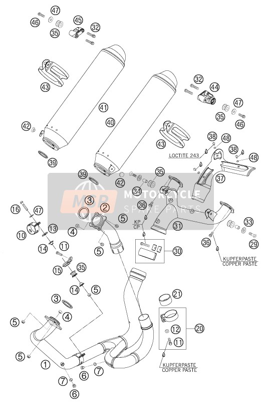 KTM 950 SUPERMOTO BLACK Europe 2007 Système d'échappement pour un 2007 KTM 950 SUPERMOTO BLACK Europe