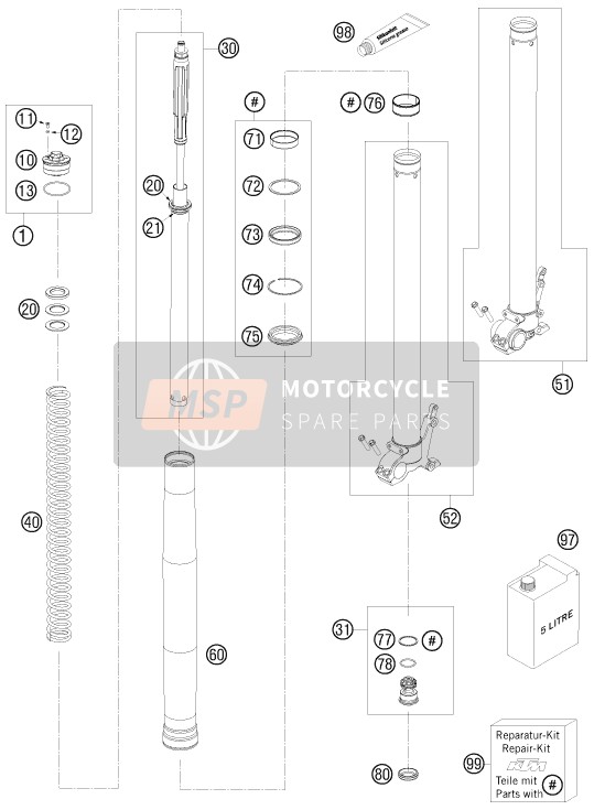 KTM 990 ADVENTURE ORANGE ABS AU, GB 2009 Front Fork Disassembled for a 2009 KTM 990 ADVENTURE ORANGE ABS AU, GB