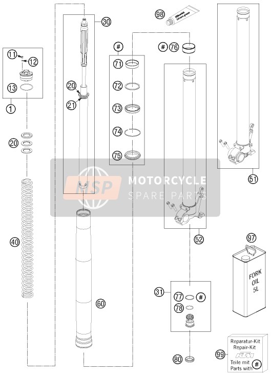 KTM 990 ADVENTURE WHITE ABS AU, GB 2010 Front Fork Disassembled for a 2010 KTM 990 ADVENTURE WHITE ABS AU, GB