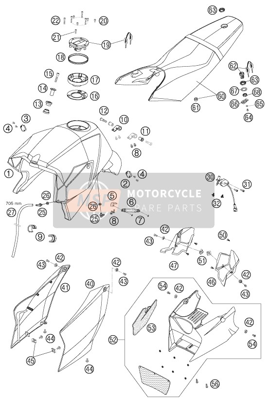 KTM 990 SUPER DUKE ANTHRAZIT USA 2007 Tank, Seat for a 2007 KTM 990 SUPER DUKE ANTHRAZIT USA