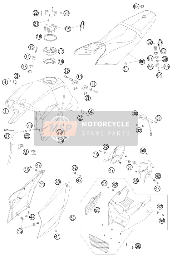 KTM 990 SUPER DUKE BLACK AU, GB 2008 Tank, Seat for a 2008 KTM 990 SUPER DUKE BLACK AU, GB