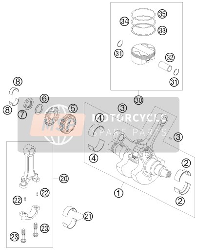 KTM 990 SUPER DUKE ORANGE AU, GB 2008 Crankshaft, Piston for a 2008 KTM 990 SUPER DUKE ORANGE AU, GB