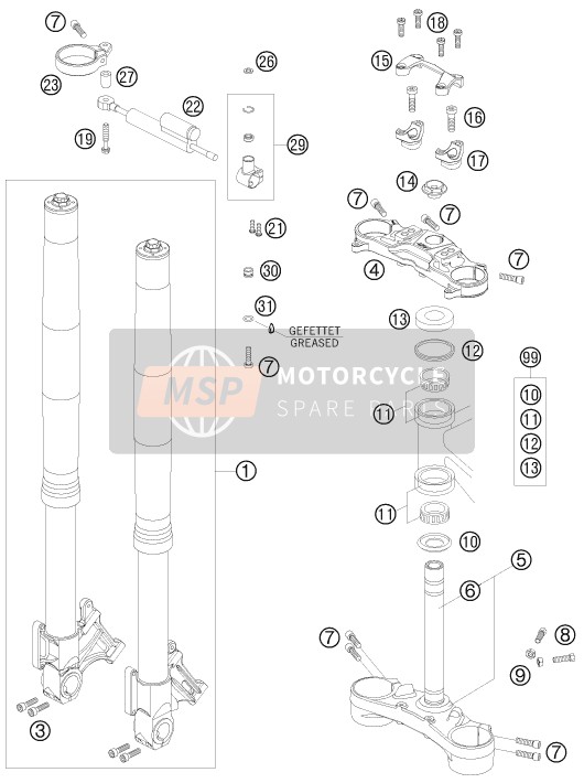 KTM 990 SUPER DUKE R USA 2009 Front Fork, Triple Clamp for a 2009 KTM 990 SUPER DUKE R USA